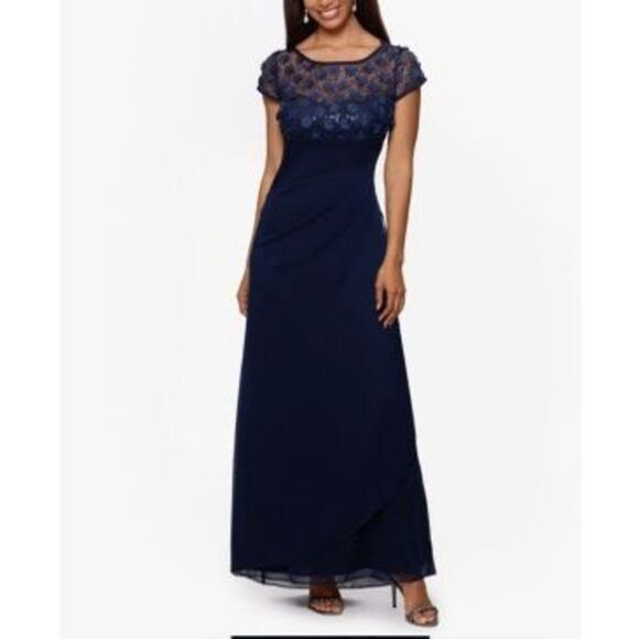 XSCAPE Womens Navy Zippered Pleated Draped Skirt Lined Short Sleeve Boat Neck Fu - Picture 1 of 4